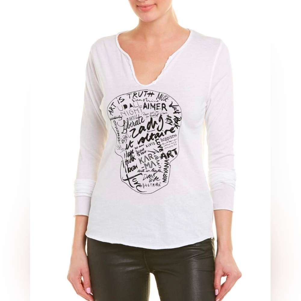 Zadig & Voltaire Tunisien Skull Art Black Long Sleeve Henley Shirt White